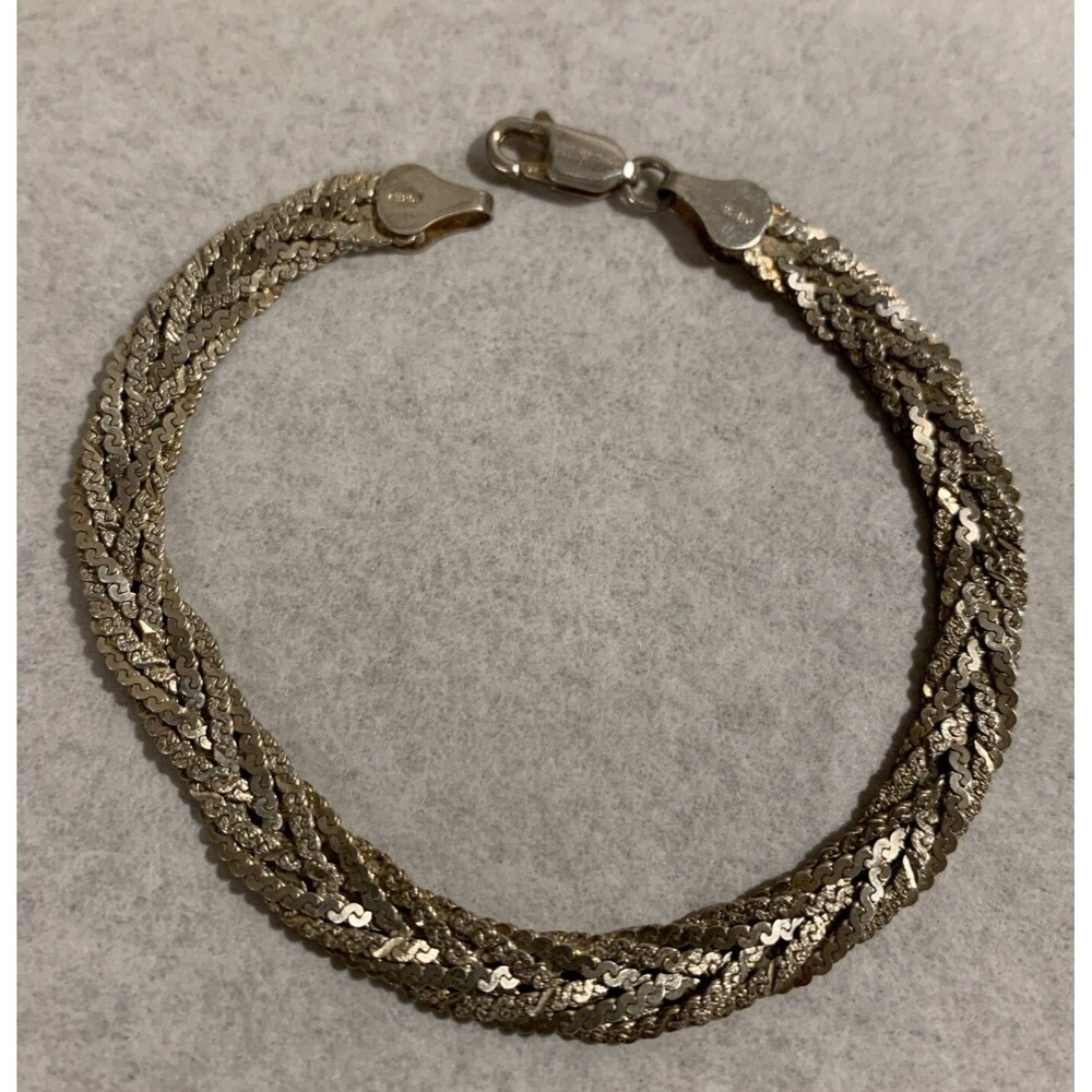 Vintage Sterling Silver Wide Textured Braided Herringbone Bracelet 8mm 7.25” - Picture 1 of 6